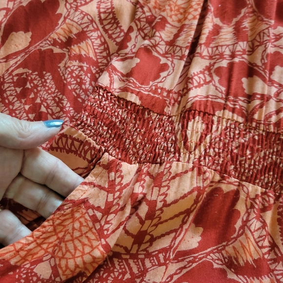 Nordstrom Angie Jumpsuit Romper Capri Strapless Orange Red Coral Floral Pattern - Picture 5 of 6